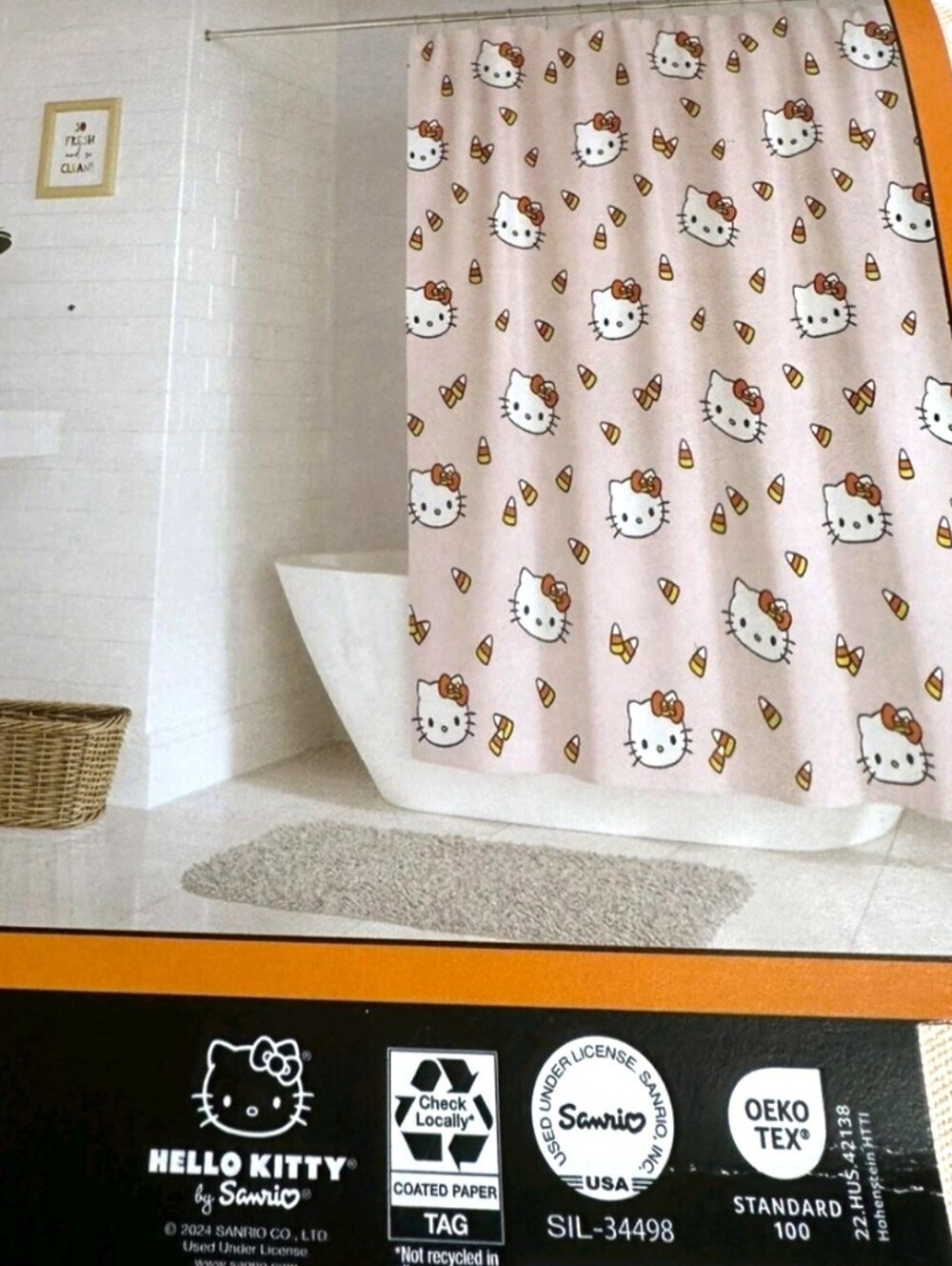 Hello Kitty Cutie Halloween Candy Corn Fabric Shower Curtain 72 x 72 Peach
